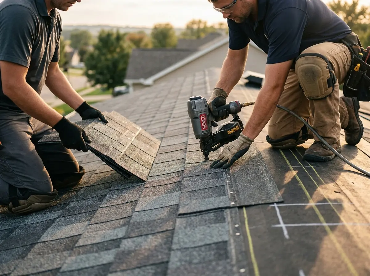 Professional roofer working on a residential roof in Moosic